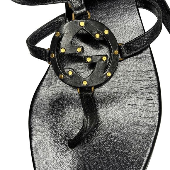Gucci Interlocking G Black Leather Strappy Ankle Wrap Logo Thong Sandals Size 8B - Picture 5 of 11